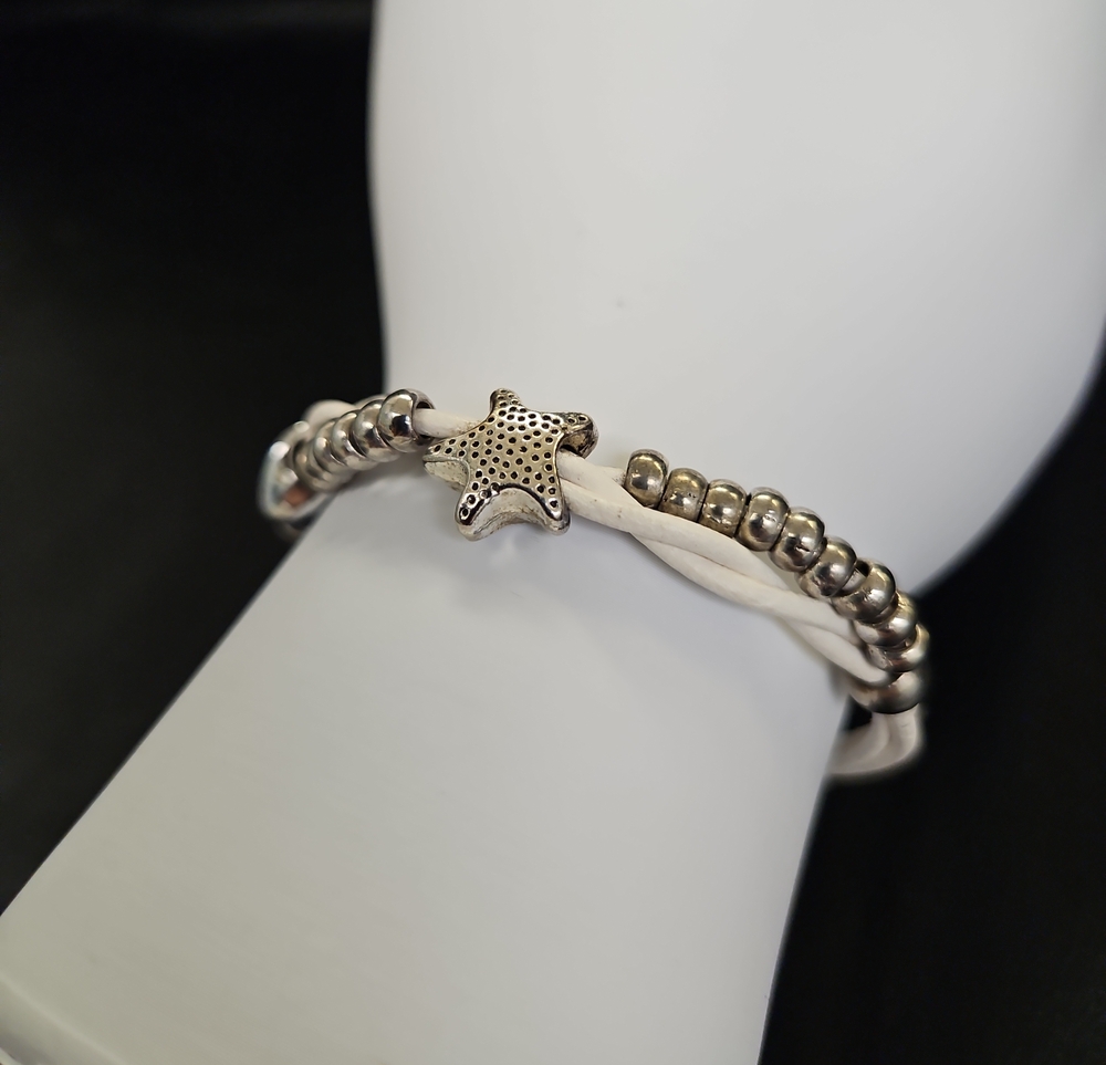 Silver Star Beaded Wrap Bracelet With White Leather